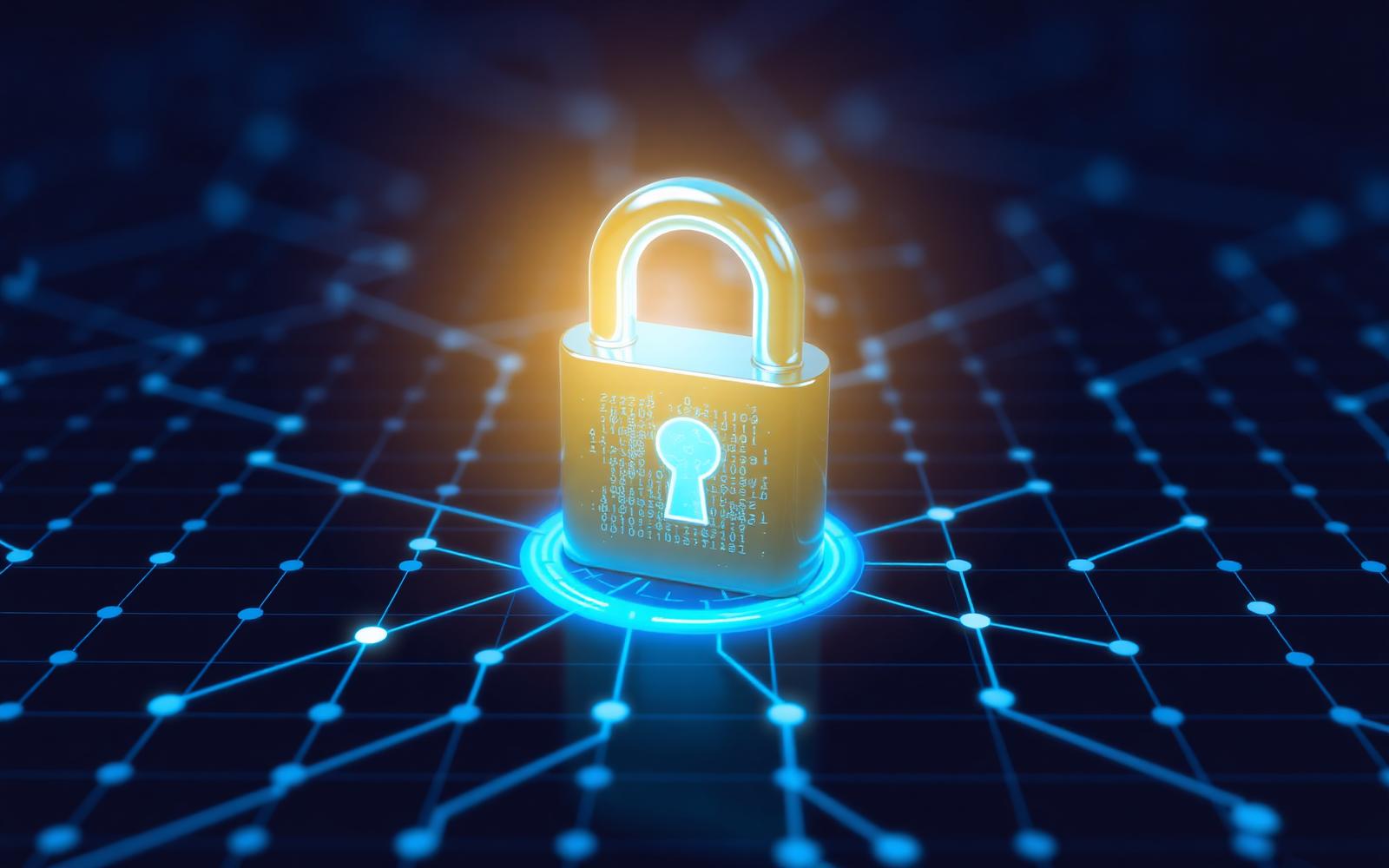 Cybersecurity padlock and network grid