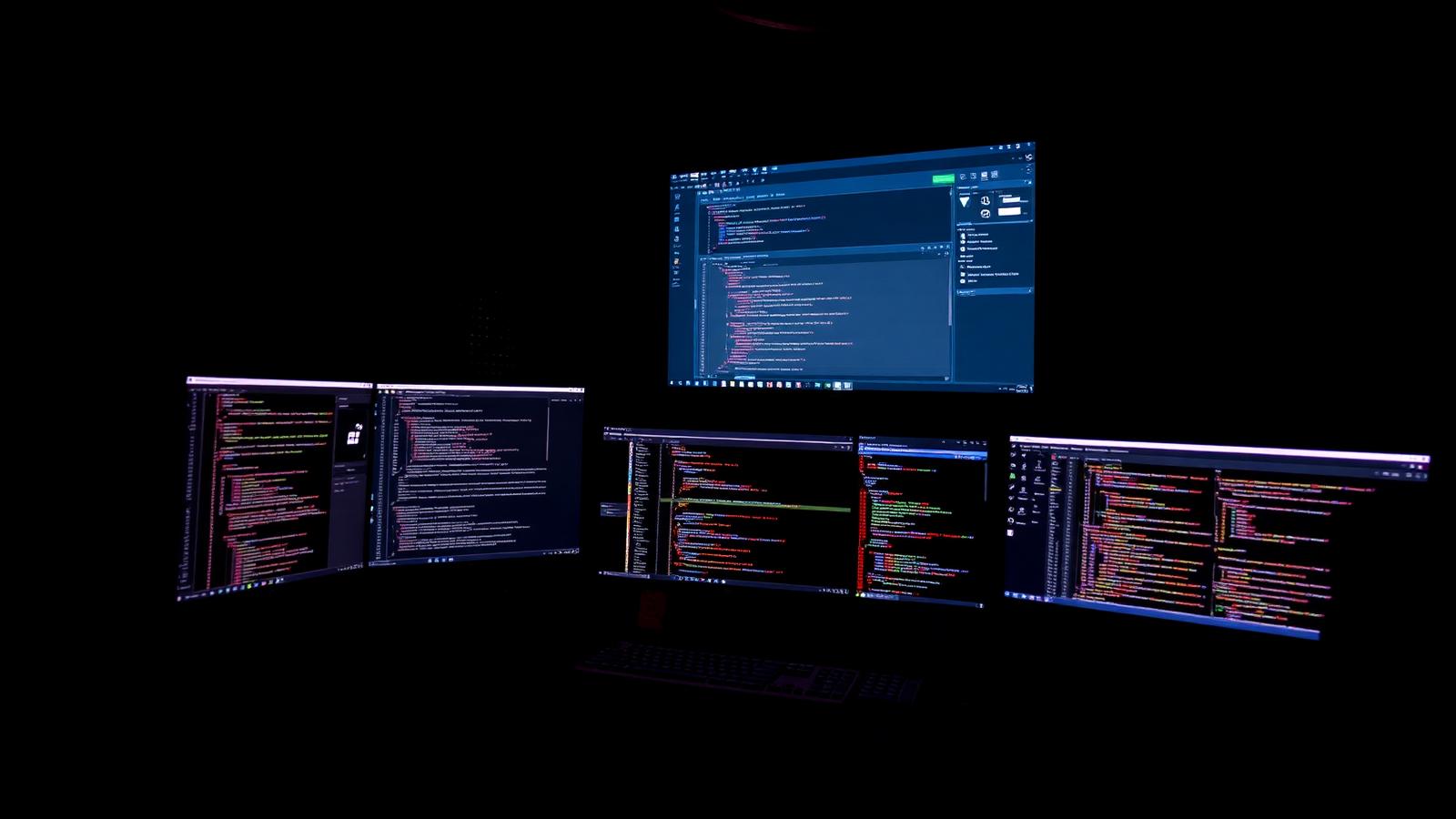 Developer workstation with multiple monitors displaying code