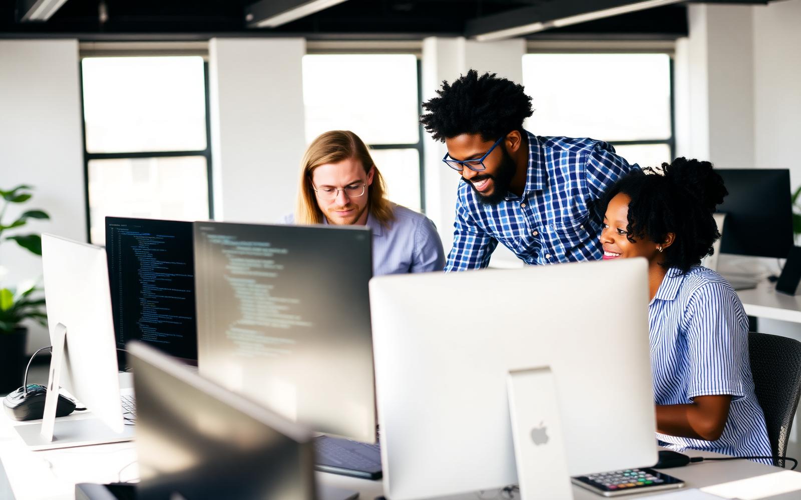 Software engineers reviewing code together